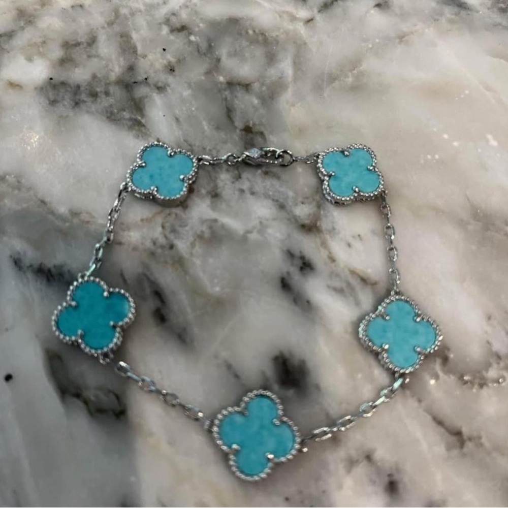 Four leaf clover silver turquoise bracelet
